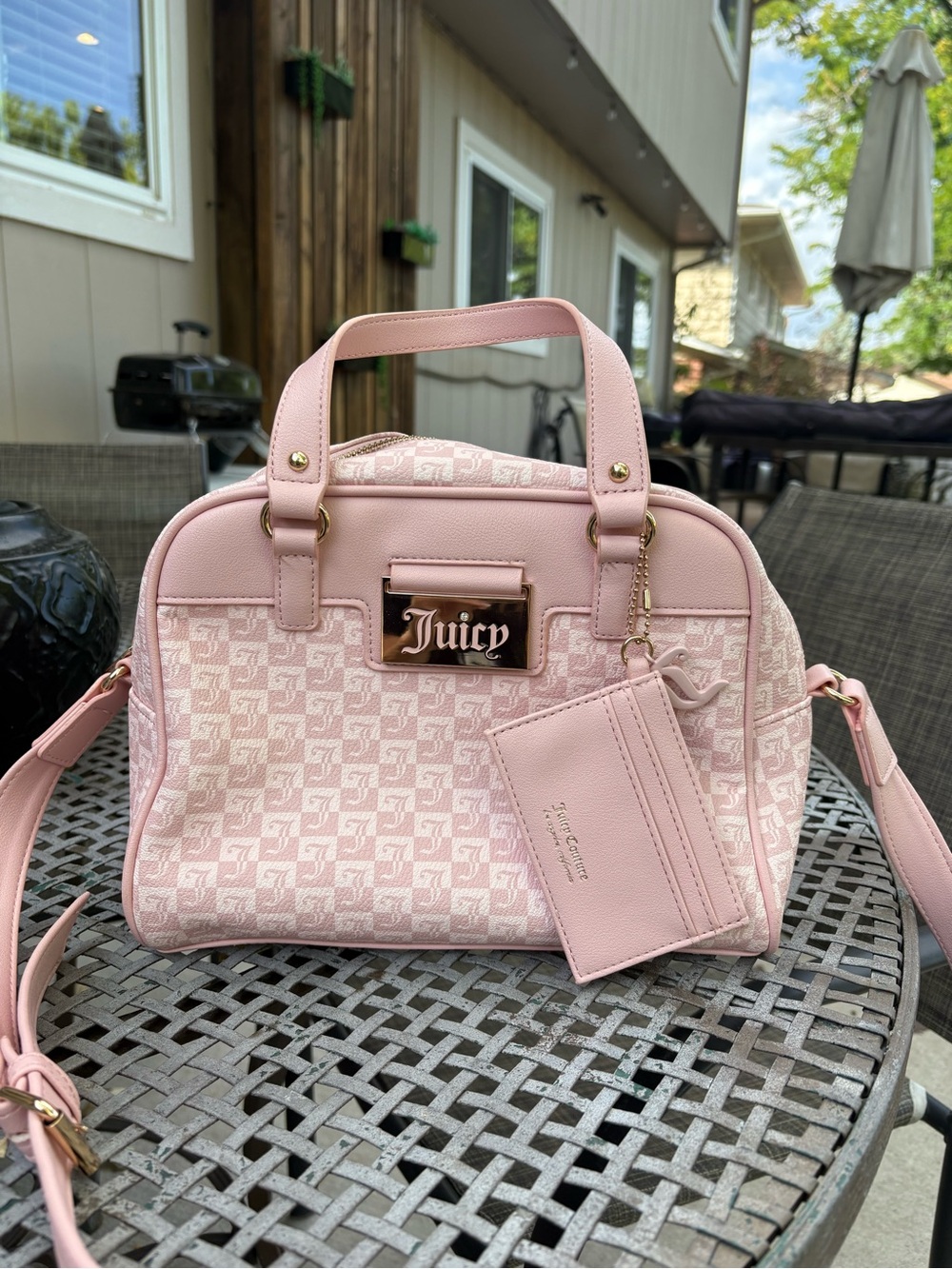 Juicy Couture Pink Monogram Satchel with Card Holder